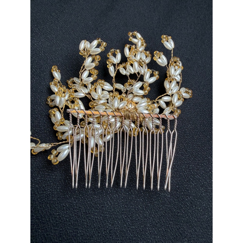 Vintage Pearl and Amber Bead Floral Metal Hair Comb Bridal Wedding Accessory - Picture 6 of 11
